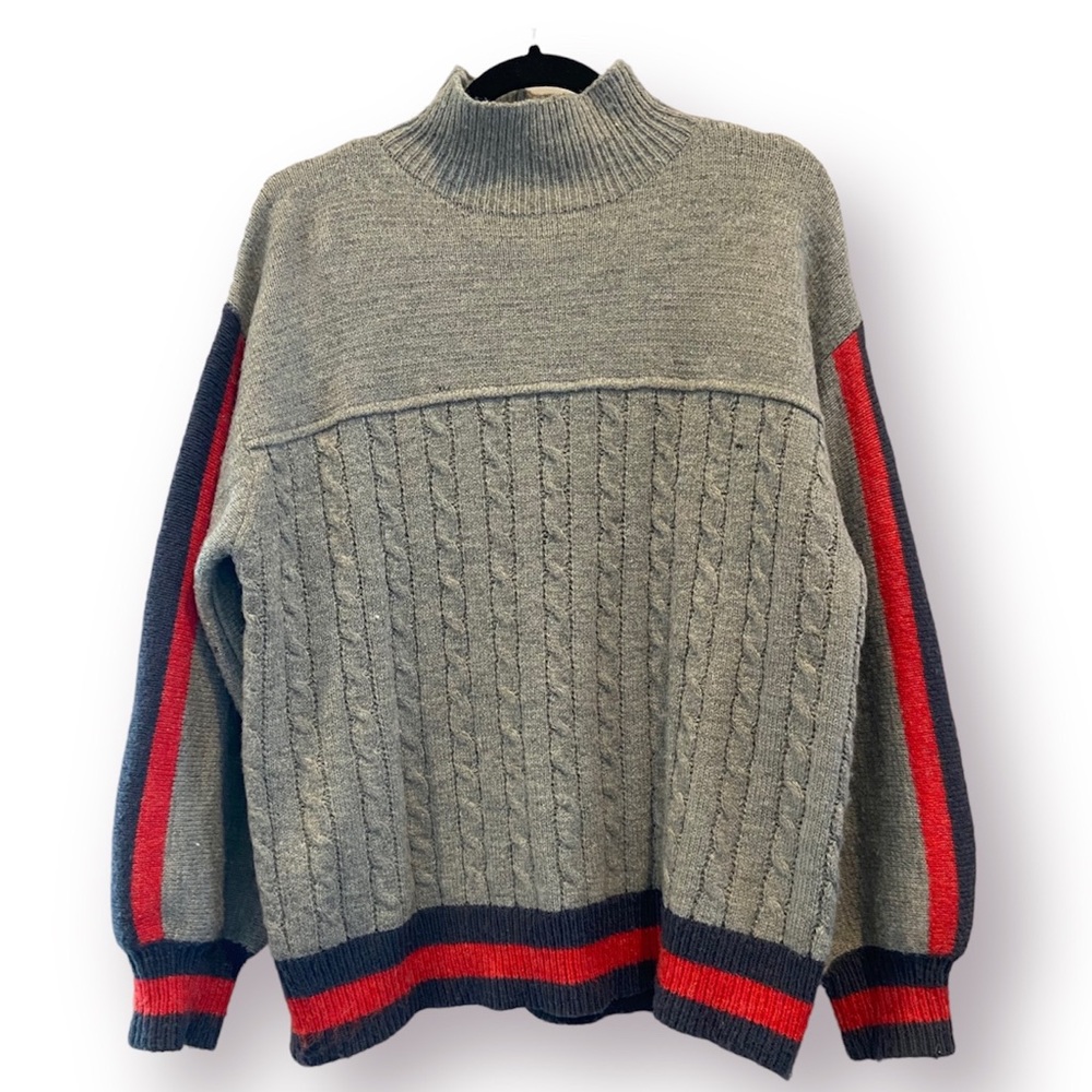 LUZABELLE Wool Blend Cableknit Sweater Striped Trim Academia Preppy Large
